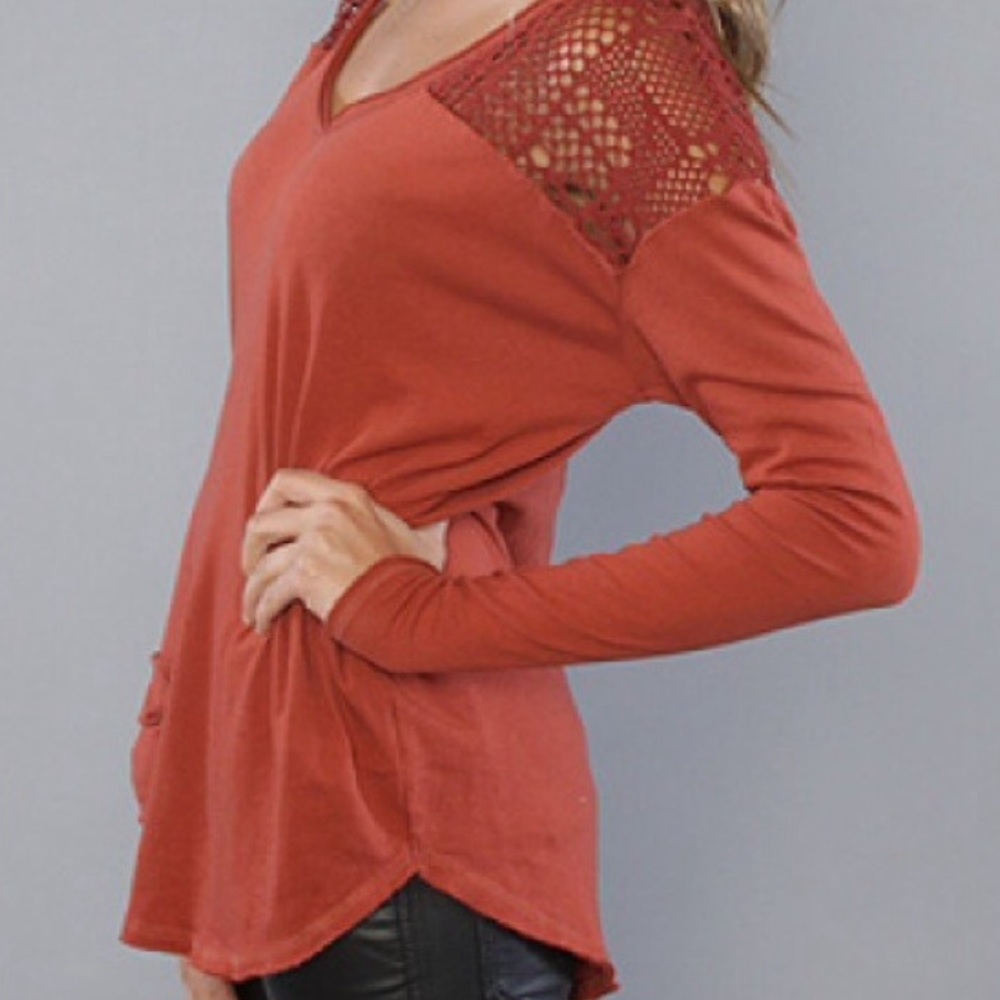 Free People Rust Crocheted Long Sleeve Top